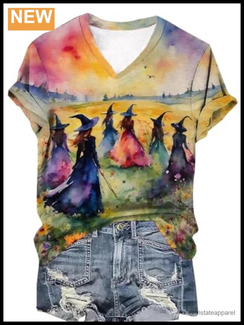 Witch Graphic V-Neck Tee Short Sleeve Casual Halloween Party T-Shirt